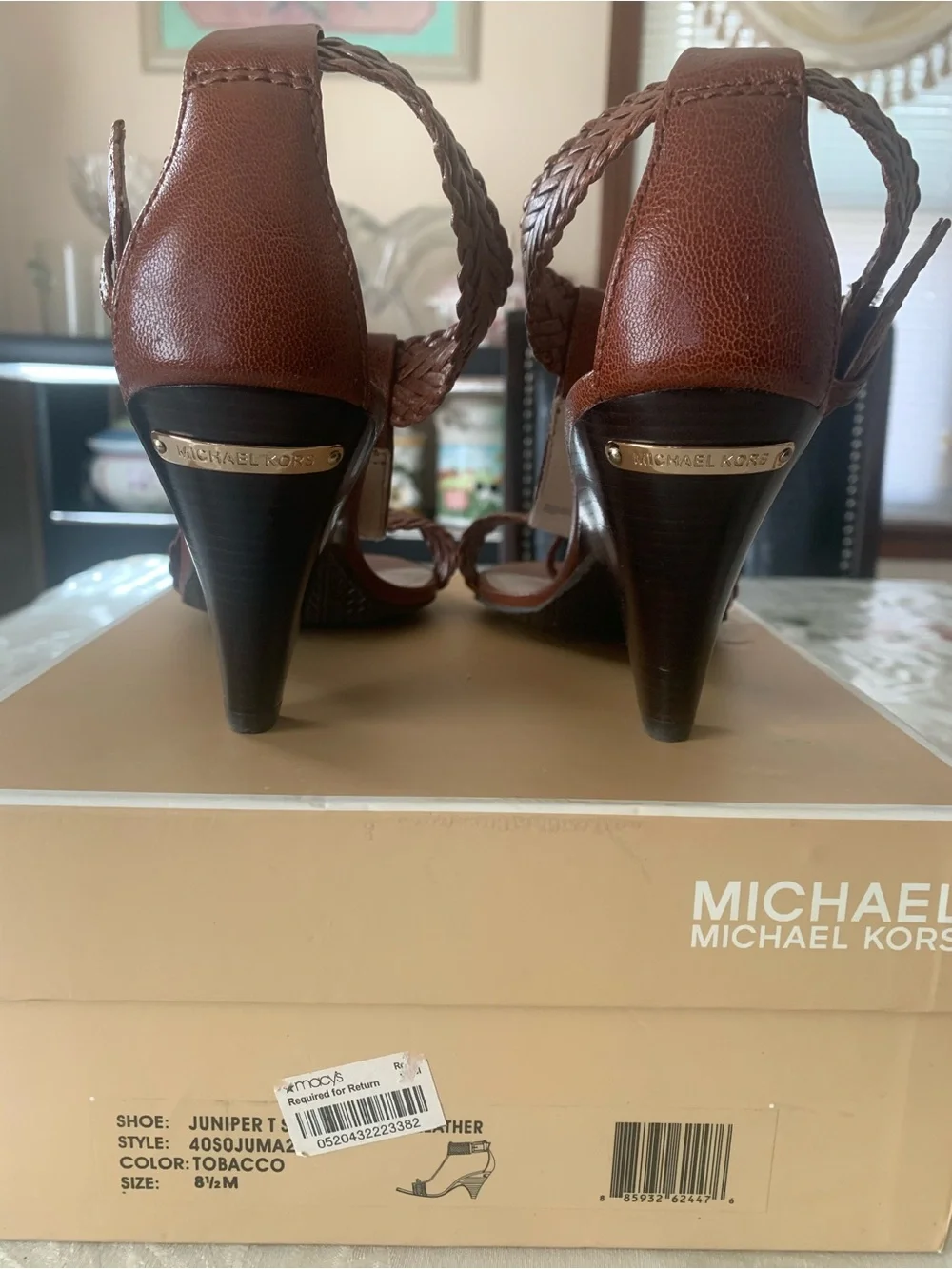 Michael Kors Brown Braided T-Strap Heeled Sandals with Gold Accents